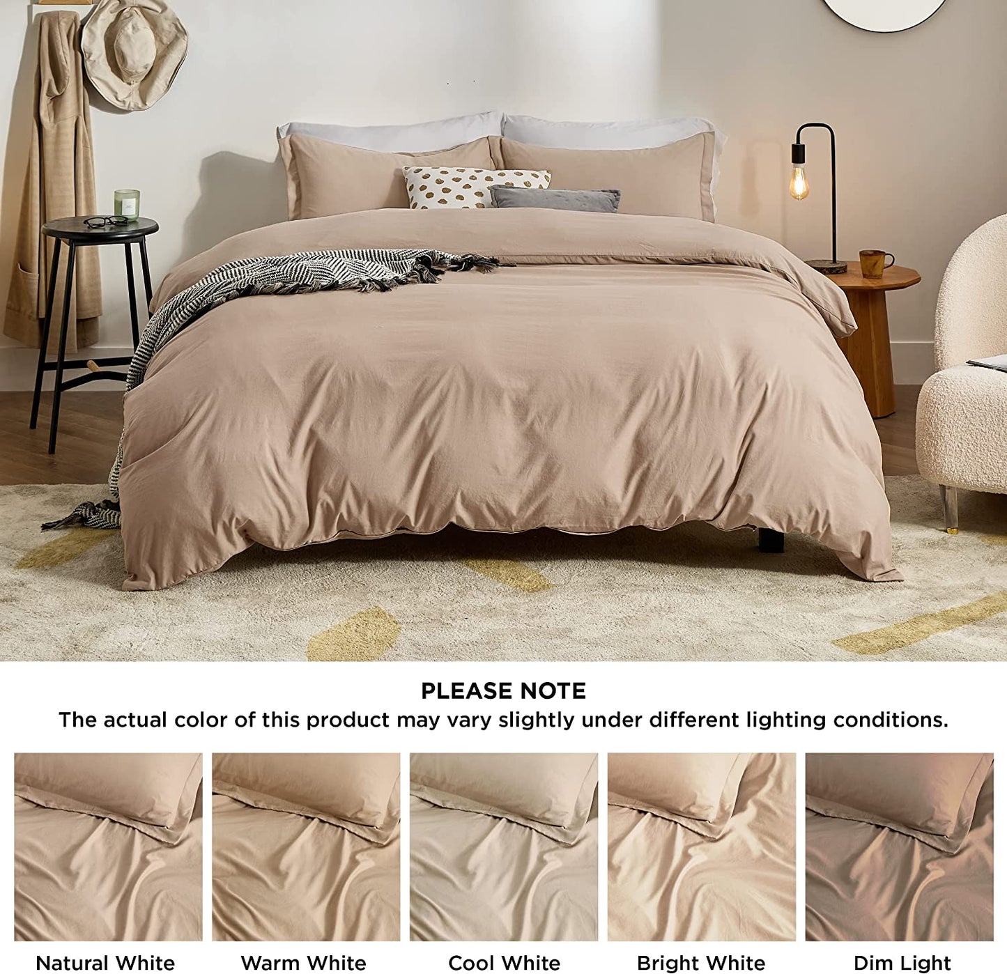 Khaki Duvet Covers Queen Size - Washed Duvet Cover, Soft Queen Duvet Cover Set 3 Pieces with Zipper Closure, 1 Duvet Cover 90X90 Inches and 2 Pillow Shams (No Comforter)