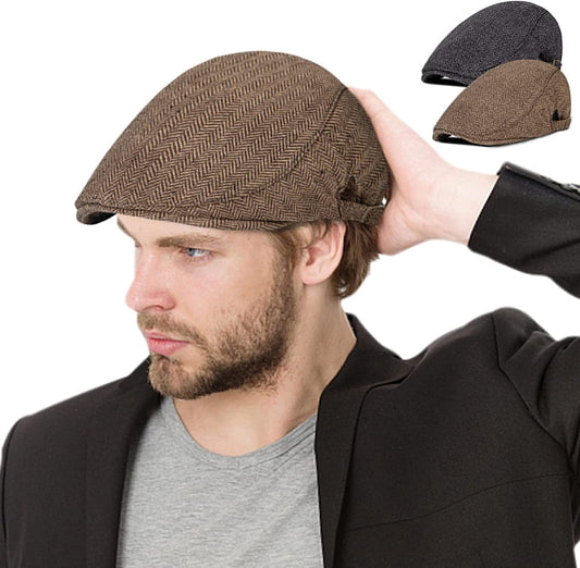 2 Pack Newsboy Hats for Men Classic Herringbone Tweed Wool Blend Flat Cap Ivy Gatsby Cabbie Driving Hat