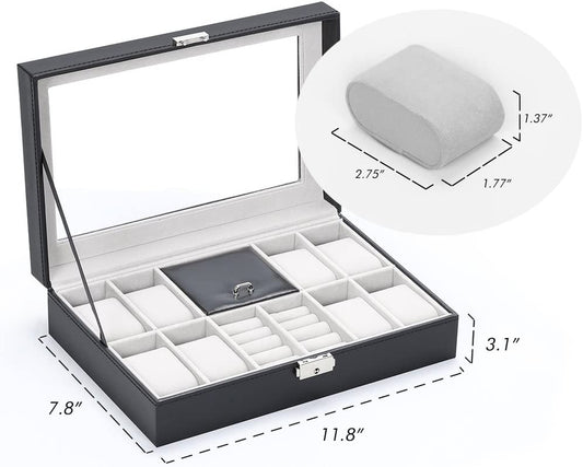Watch Box, 8 Slots Lockable Leather Watch Case Organizer with Ring Storage for Women Men, Black