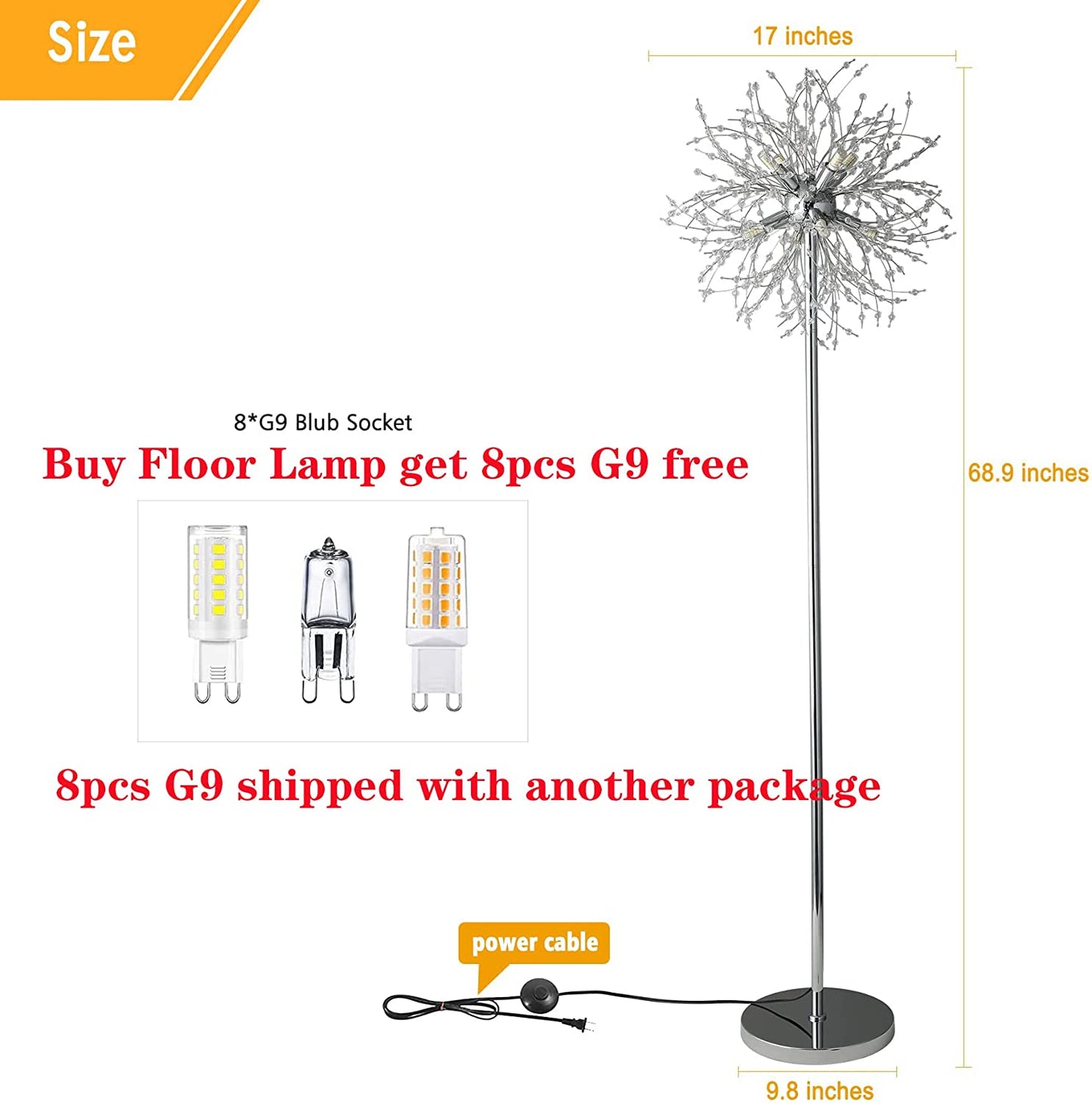 Crystal Floor Lamp for Bedroom and Living Room, Elegant Standing Lamp with 8 Lights and 63" Tall Pole, Modern Floor Lamp for Room Decor with 32 Firework Crystal Harnesses