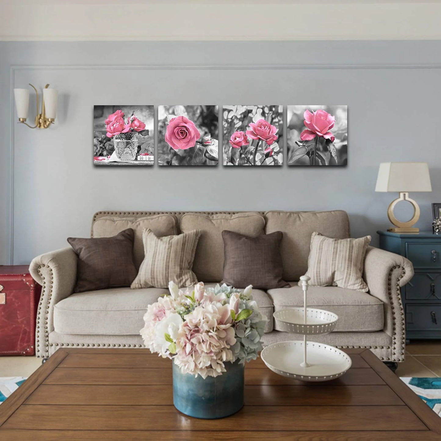 4 Panel Pink Rose Flower Wall Art Paintings Wall Art Paintings Floral Prints on Black and White Canvas Wall Decoration Framed for Bathroom Bedroom Decor Artwork 14X14 Inch