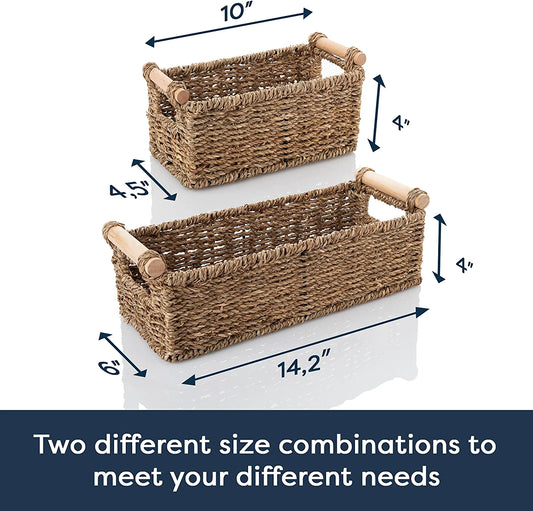 Wicker Storage Basket for Toilet Paper – Set of 2 Toilet Paper Holder for Bathroom Organization – Premium Wooden Handles and Durable Seagrass Design – Versatile Bathroom Counter Organizer