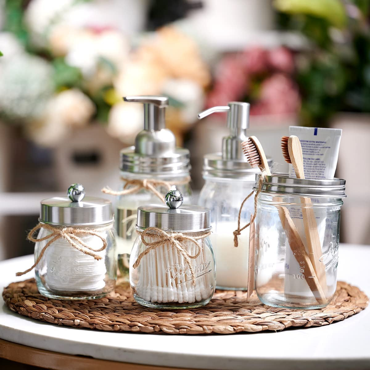 Amolliar Mason Jar Bathroom Accessories Set(4 Pack) - Lotion Soap Dispenser&Qtip Holder Set&Toothbrush Holder-Rustic Farmhouse Decor Apothecary Jar Bathroom Countertop,Vanity Organize (Brushed Nickel)