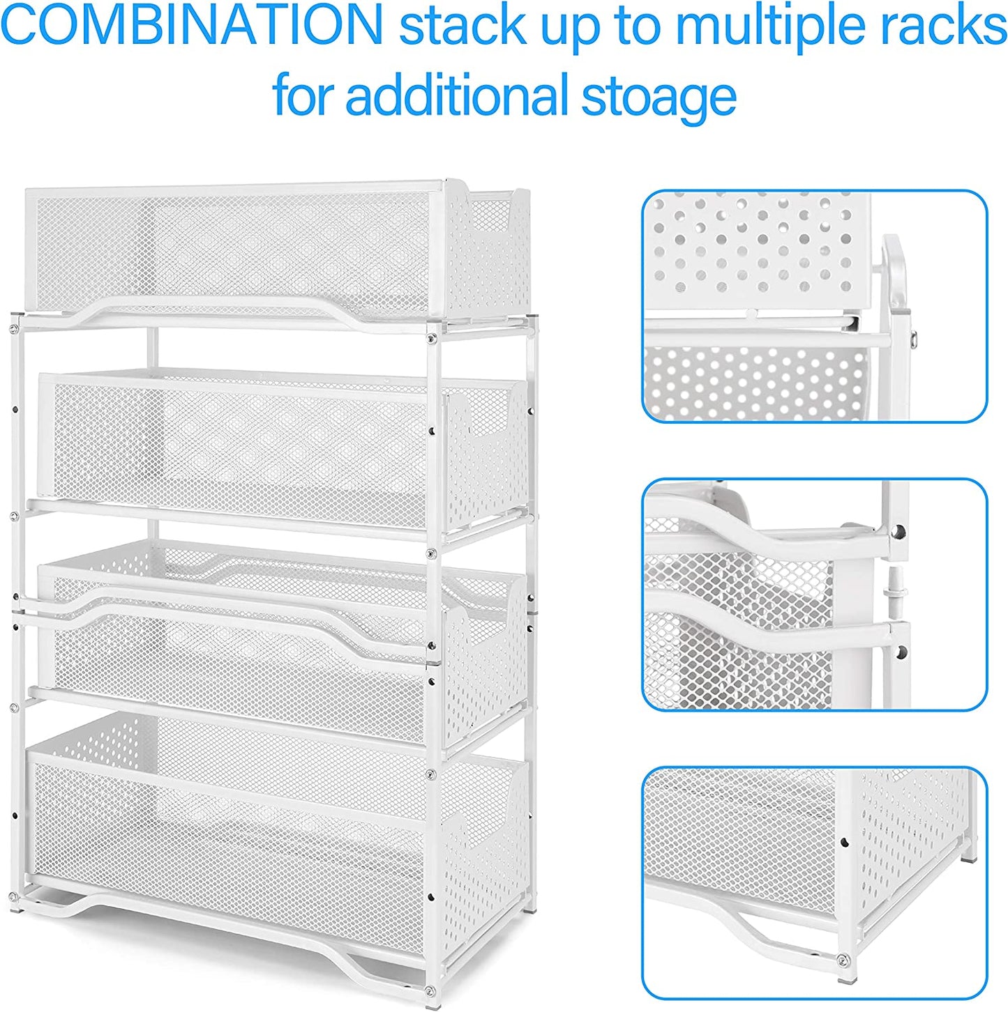 Stackable 2-Tier under Sink Cabinet Organizer with Sliding Storage Drawer, White