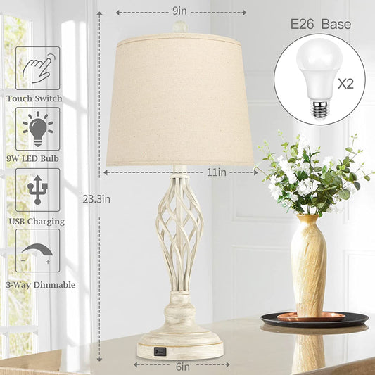 Table Lamps Bedside Lamp Set of 2, Traditional Rustic Farmhouse Touch Lamps 3-Way Dimmable Retro Nightstand Lamps with USB Port Ivory Spiral Cage Design Base Drum Shade for Bedroom