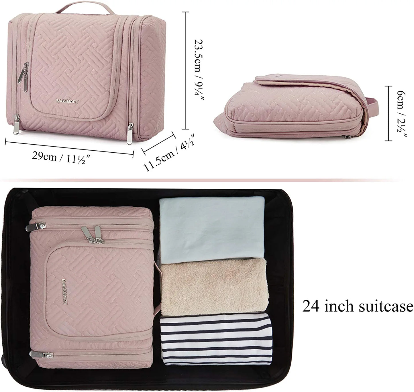 Toiletry Bag, Travel Toiletry Organizer with Hanging Hook, Water-Resistant Cosmetic Makeup Bag Travel Organizer for Shampoo, Full Sized Container, Toiletries, Pink