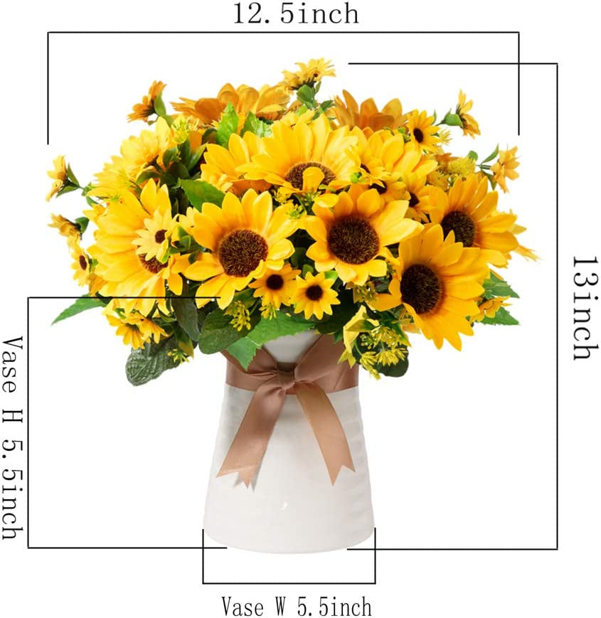 Fall Artificial Flowers in Ceramics Vase, Silk Flower Arrangements, Faux Sunflowers Bouquets with Vase for Desktop Decoration (Ripple Ceramic Sunflower)