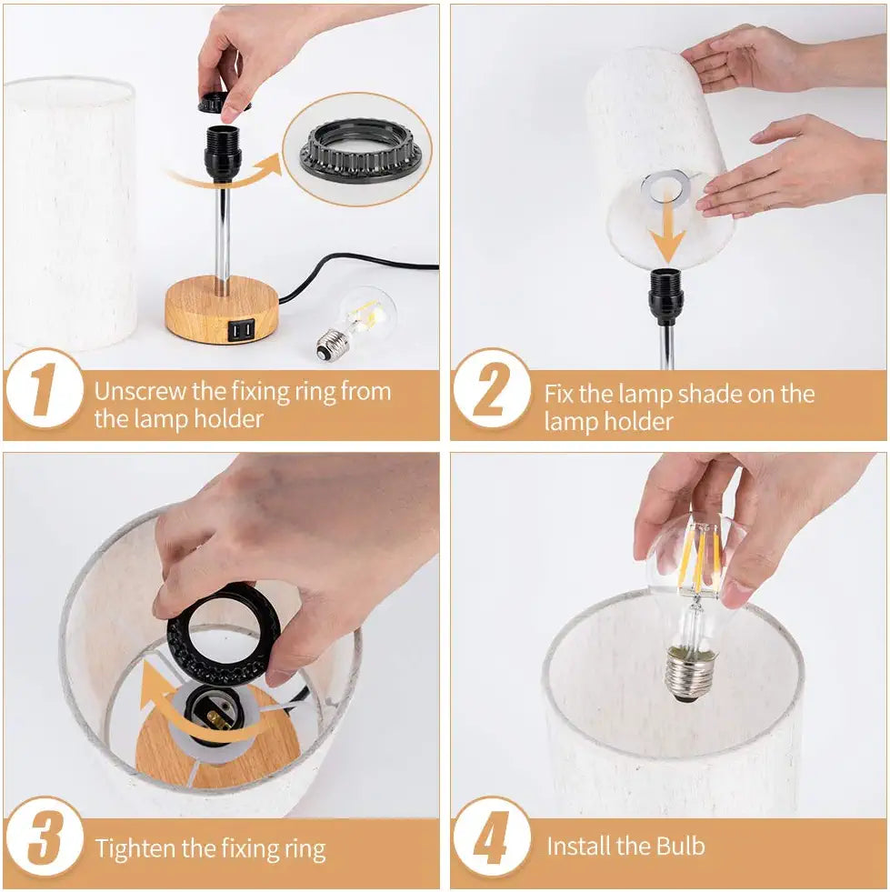 Bedside Lamp with USB Port - Touch Control Table Lamp for Bedroom Wood 3 Way Dimmable Nightstand Lamp with round Flaxen Fabric Shade for Living Room, Dorm, Home Office (LED Bulb Included)