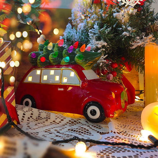 Ceramic Christmas Tree and Vintage Car Christmas Tabletop Decoration Nostalgic Lighted Ceramic Christmas Tree in Red Car for Indoor Holiday Decoration