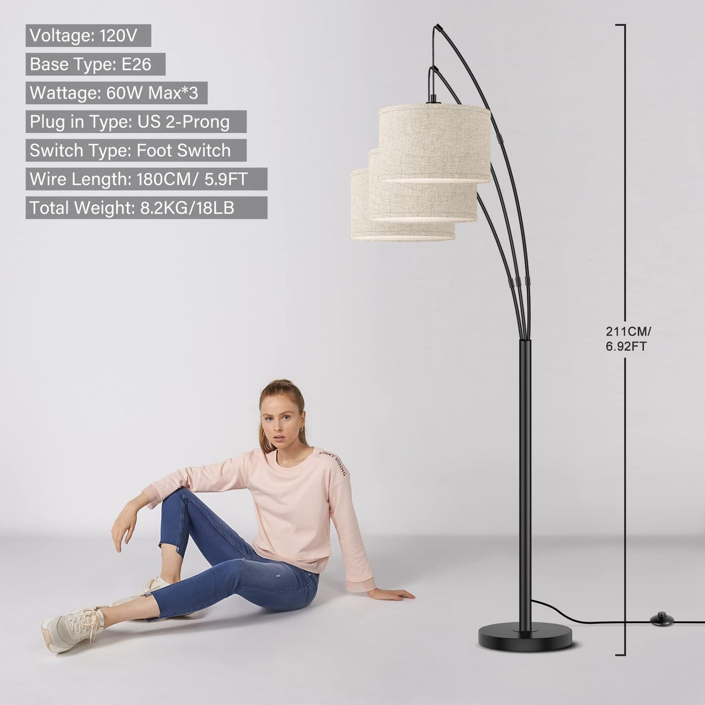 Arc Floor Lamps, 3-Light Arched Standing Lamp Hanging over the Couch, Trinity Arc Lamp with Foot Switch, Heavy Base, Modern Tall Pole Lamps for Living Room Bedroom Office Bright Lighting
