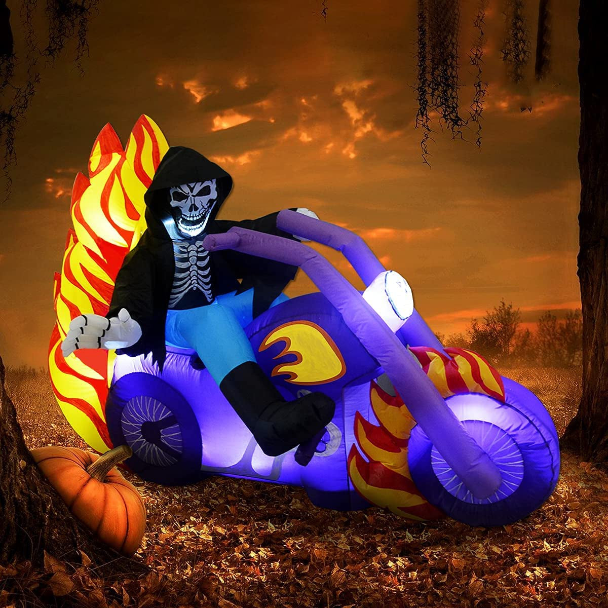GOOSH 6 FT Halloween Inflatables Outdoor Grim Reaper on the Motorcycle, Blow up Yard Decoration Clearance with LED Lights Built-In for Holiday/Party/Yard/Garden