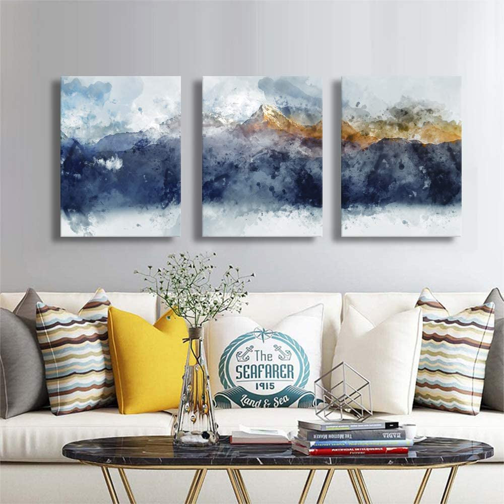 Abstract Canvas Wall Art for Living Room Modern Navy Blue Abstract Mountains Print Poster Picture Artworks for Bedroom Bathroom Kitchen Wall Decor 3 Pieces Framed Ready to Hang