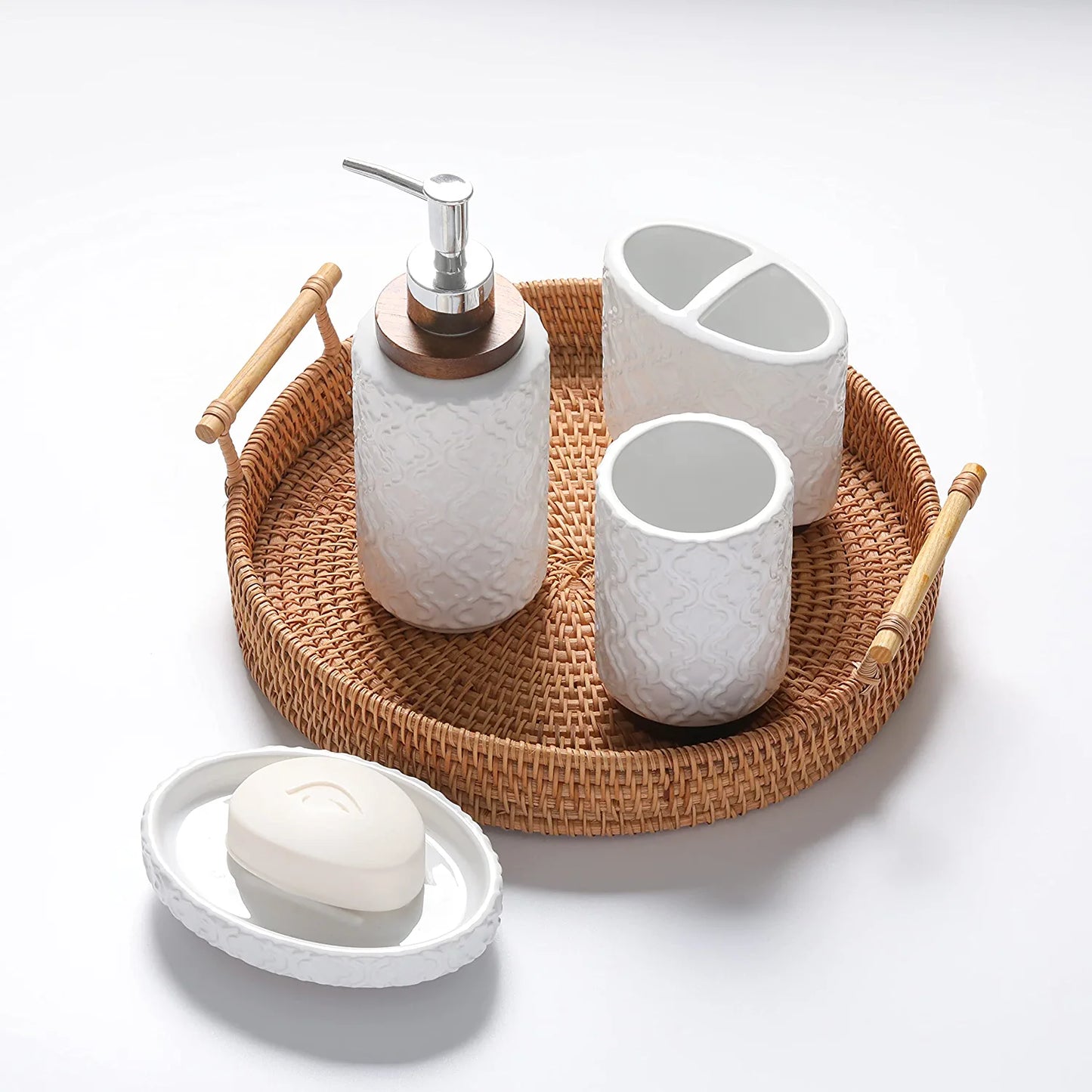 Bathroom Accessories Set 4 Pcs Toothbrush Holder Soap Dispenser Set Ceramic and Wood Bathroom Set Contain Toothbrush Cup Soap Dispenser Soap Dish Tumbler