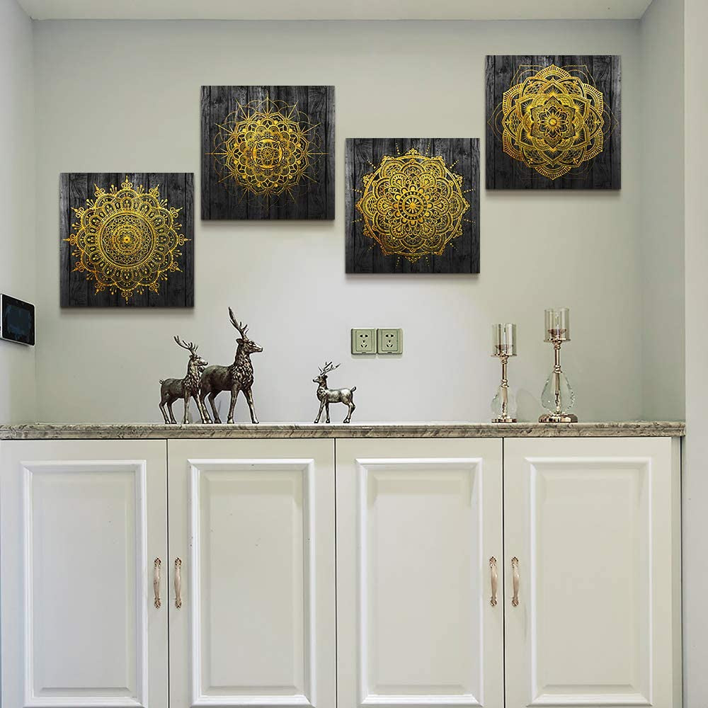 4 Piece Framed Canvas Wall Art for Living Room Family Bathroom Wall Decor Modern Kitchen Office Bedroom Decoration Black Pictures Golden Abstract Painting Inspiration Wall Artworks for Home Walls Art