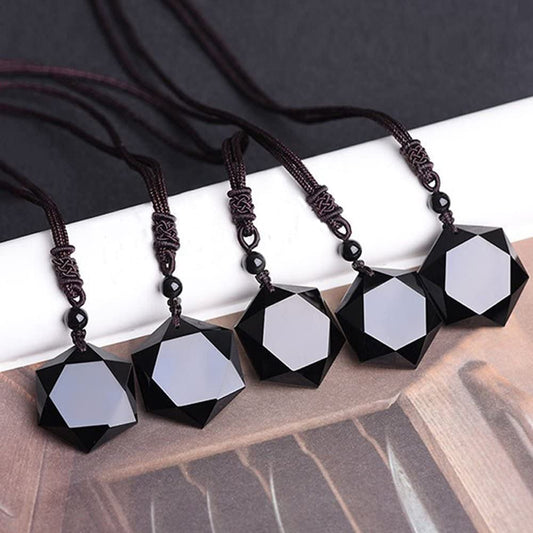 Black Obsidian Hexagram Natural Stone Necklace Translucent Ice Obsidian Wolf Tooth Amulet His and Hers Couples Necklace Lucky Love Pendant Necklace for Men Women