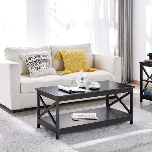 Wood 2-Tier Black Coffee Table with Storage Shelf for Living Room, X Design Accent Cocktail Table, Easy Assembly Home Furniture, 39.5 X 21.5 X 18 Inches