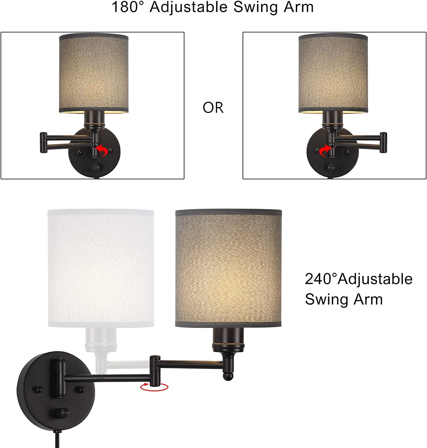Plug in Wall Light Fixtures, Set of 2 Swing Arm Wall Lamps with Grey Linen Lampshade, Modern Bedside Wall Sconce for Bedroom Hallway Living Room Study
