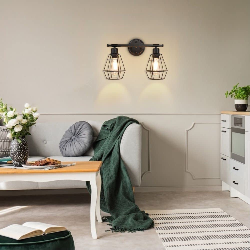 2-Light Industrial Bathroom Vanity Light, Farmhouse Metal Cage Wall Sconces, Rustic Matte Black Wall Mount Light Fixtures, Porch Wall Lamps for Living Room, Mirror Cabinets, Bedroom, E26 Base