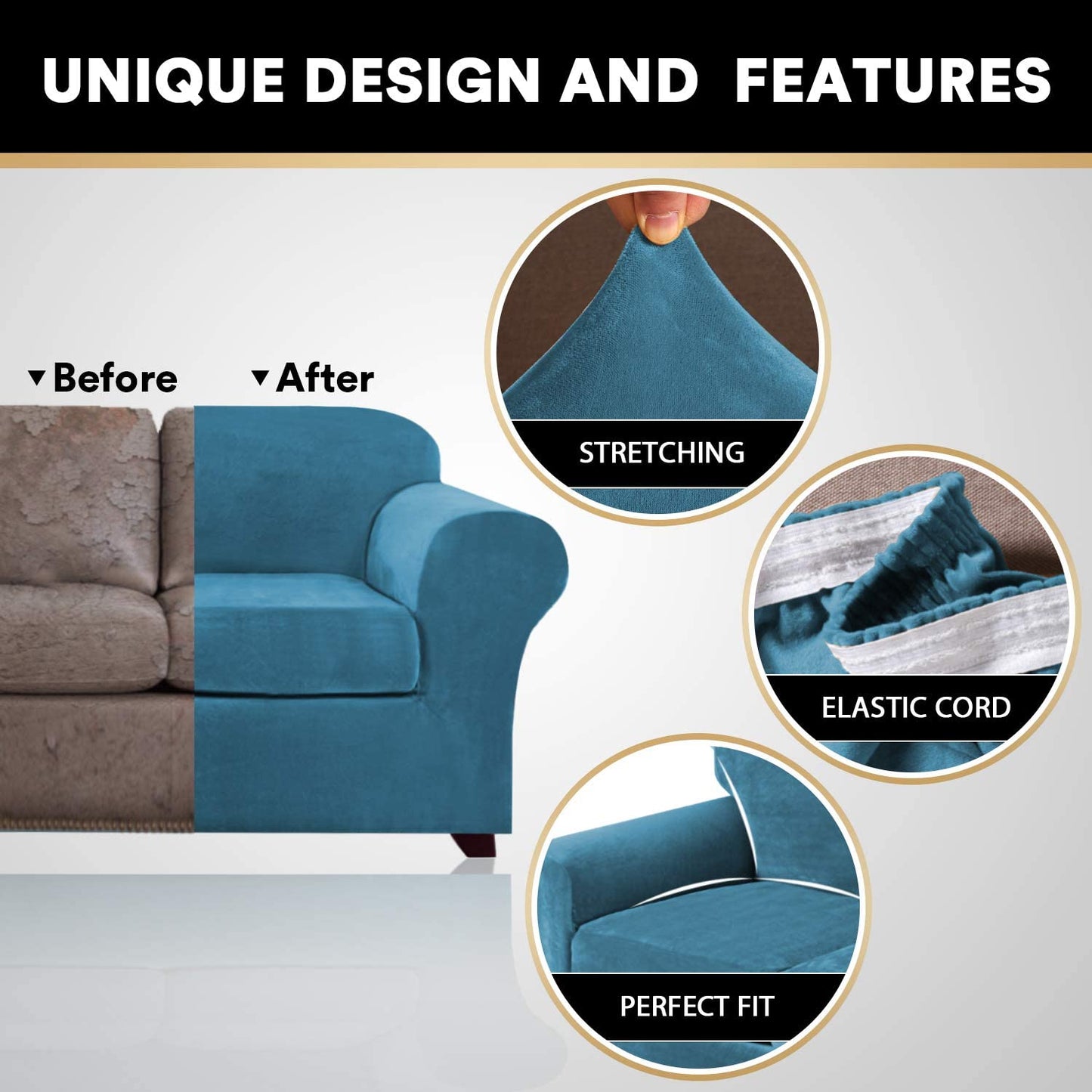4 Pieces Sofa Covers Stretch Velvet Couch Covers for 3 Cushion Sofa Slipcovers Soft Sofa Slip Covers Furniture Covers with 3 Individual Seat Cushion Covers, Machine Washable (Large, Blue)