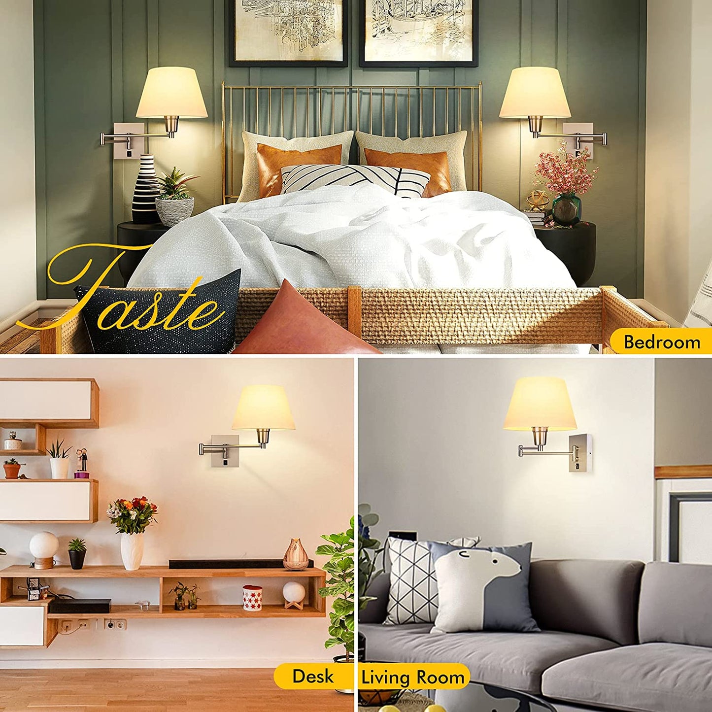 Swing Arm Wall Sconces Set of 2, Indoor Plug in Wall Lamp with White Fabric Shade Hardwired Wall Light Fixture with E26 Base Decor for Bedroom Living Room Porch Hallway Office