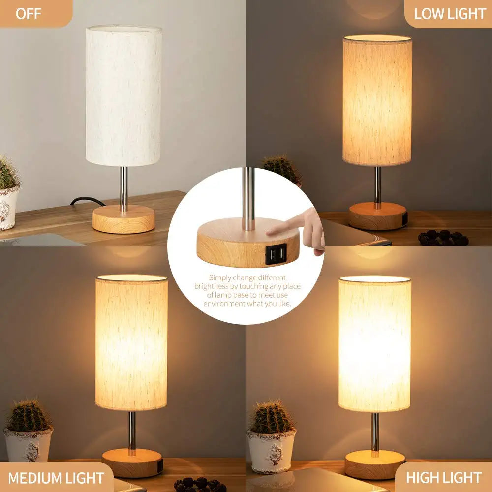 Bedside Lamp with USB Port - Touch Control Table Lamp for Bedroom Wood 3 Way Dimmable Nightstand Lamp with round Flaxen Fabric Shade for Living Room, Dorm, Home Office (LED Bulb Included)