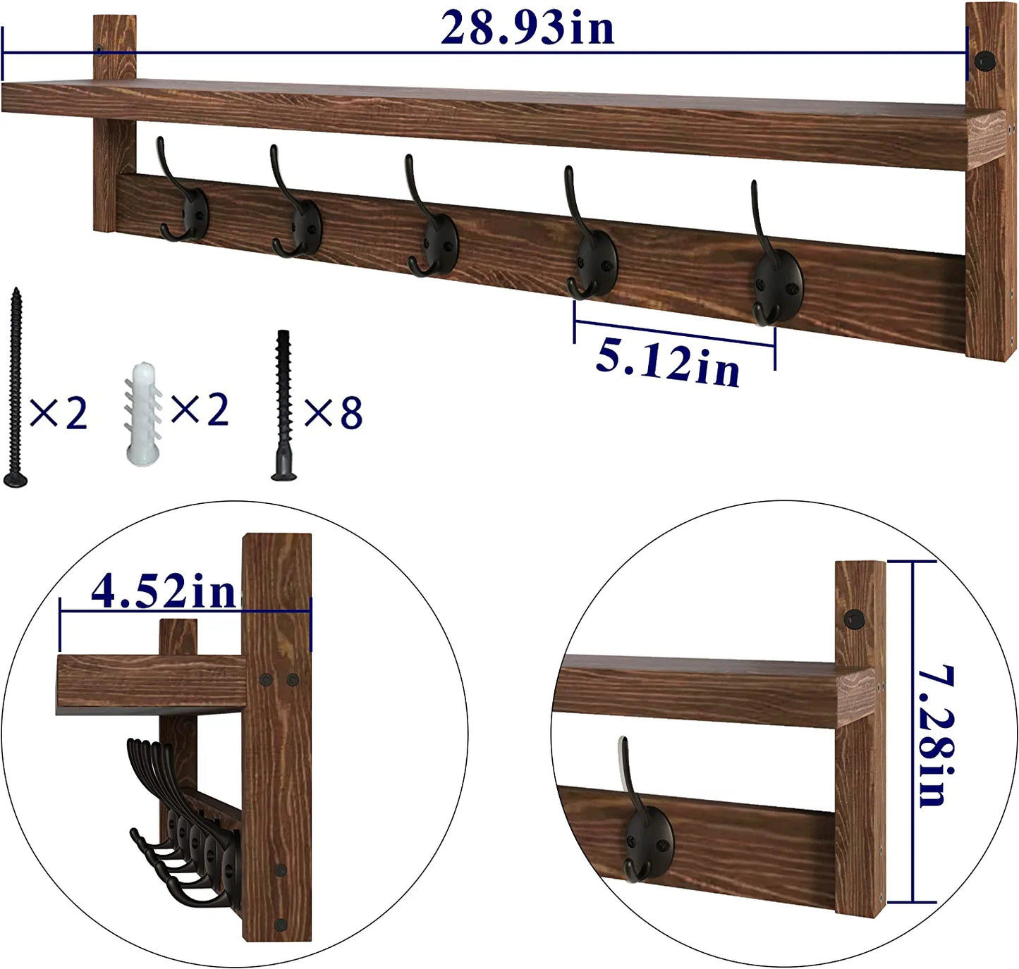Wall Hooks with Shelf 28.9 Inch Length Entryway Wall Hanging Shelf Wood Coat Hooks for Wall with Shelf Wall-Mounted Coat Hook Rack with 5 Dual Hooks for Bathroom, Living Room, Bedroom (Brown )