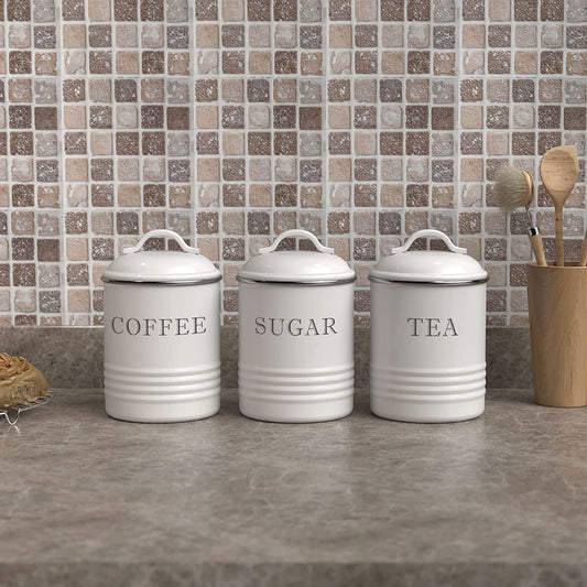 White Canister Sets for Kitchen Counter, Vintage Kitchen Canisters, Country Rustic Farmhouse Decor for the Kitchen, Coffee Tea Sugar Farmhouse Kitchen Decor, Metal, Set of 3