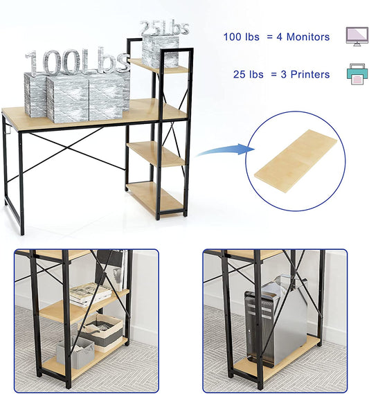 Computer Desk with Shelves Storage 47 INCH Study Writing Desk for Home Office Desks,Modern Simple Style Steel Frame Wood for PC Table with Bookshelfs