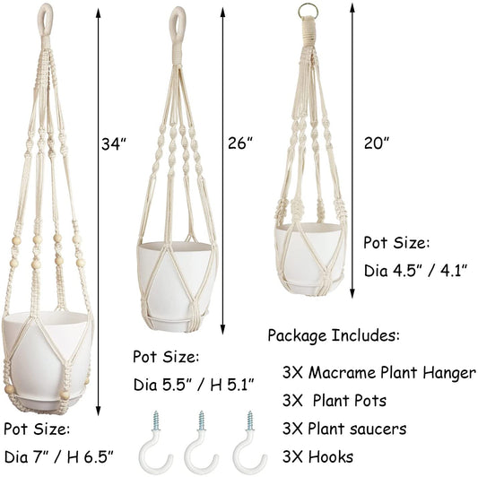 3 Pack Macrame Plant Hangers with Pots Hanging Planters for Indoor Plants Holders with Trays & Hooks 34" / 26" / 20"