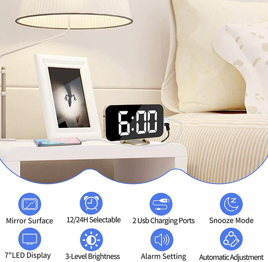 Digital Alarm Clock,7 in LED Mirrored Clocks Large Display,With 2 USB Charger Ports,Auto Dim,Night Mode,Modern Desktop Electronic Clocks for Bedroom Home Office Decor - Gold