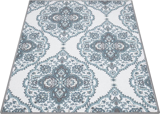 Ottohome Collection Boho Design Non-Slip Rubberback 3X5 Area Rug, 3'3" X 5', Blue/Ivory