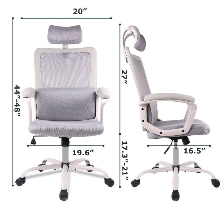 Office Chair, High Back Desk Chair Ergonomic Mesh Computer Chair with Headrest and PU Arms, Gray