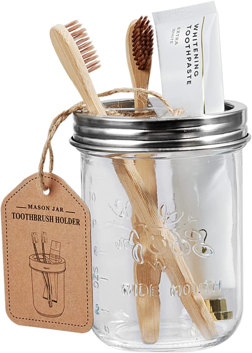 Amolliar Mason Jar Bathroom Accessories Set(4 Pack) - Lotion Soap Dispenser&Qtip Holder Set&Toothbrush Holder-Rustic Farmhouse Decor Apothecary Jar Bathroom Countertop,Vanity Organize (Brushed Nickel)