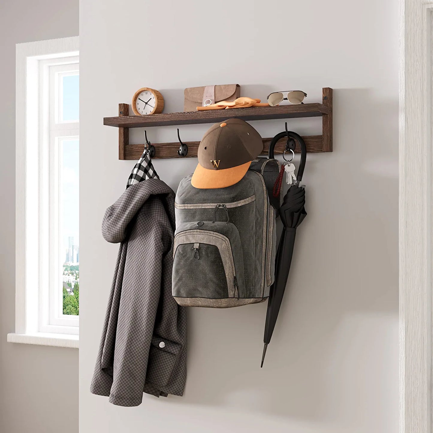Wall Hooks with Shelf 28.9 Inch Length Entryway Wall Hanging Shelf Wood Coat Hooks for Wall with Shelf Wall-Mounted Coat Hook Rack with 5 Dual Hooks for Bathroom, Living Room, Bedroom (Brown )