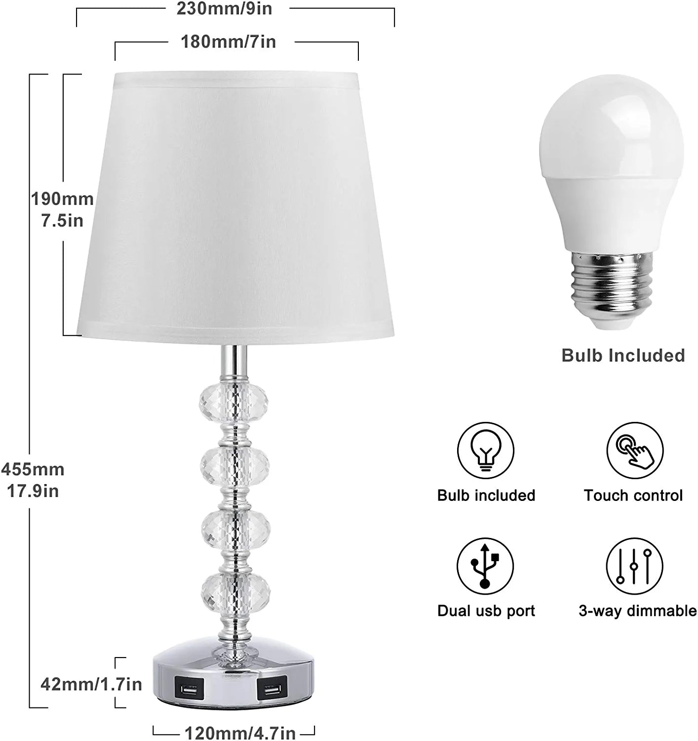 3-Way Dimmable USB Crystal Table Lamp, 17 Inch Touch Crystal Lamp Set of 2 , Exquisite Decorative Bedside Lamps Set of 2 for Bedroom, Living Room, Nightstand (Warm White Light Bulb Included)