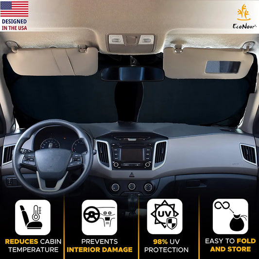 Car Windshield Sun Shade with Storage Pouch | Durable 240T Material Car Sun Visor for UV Rays and Sun Heat Protection | Car Interior Accessories for Sun Heat | Standard (64 Inches X 32 Inches)