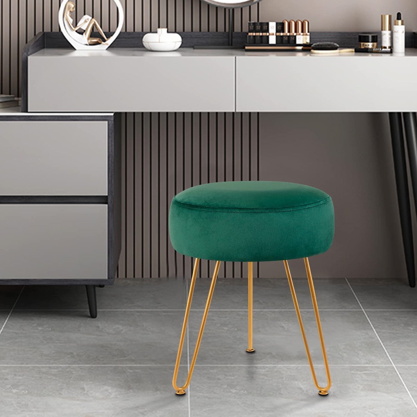 round Velvet Footrest Stool Ottoman Modern Foot Stool with 3 Golden Metal Leg, for Dressing Table Stool, Shoes Bench in Living Room Bedroom