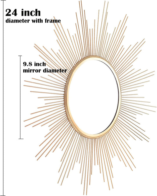 24'' Large Gold Sunburst Wall Mirror Boho Home Decor round Wall Art Mirror for Living Room/Bedroom/Bathroom/Entryway