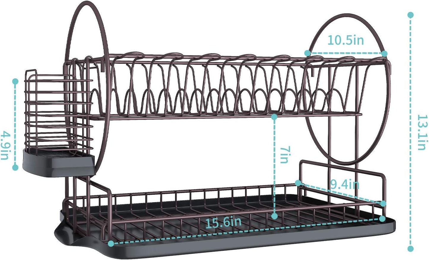 Dish Drying Rack with Drainboard for Kitchen Counter, Bronze 2 Tier Dish Rack with Utensil Holder, Multifunction Dishes Drainer with Drainage, Double Tier Plate Drying Rack with Tray