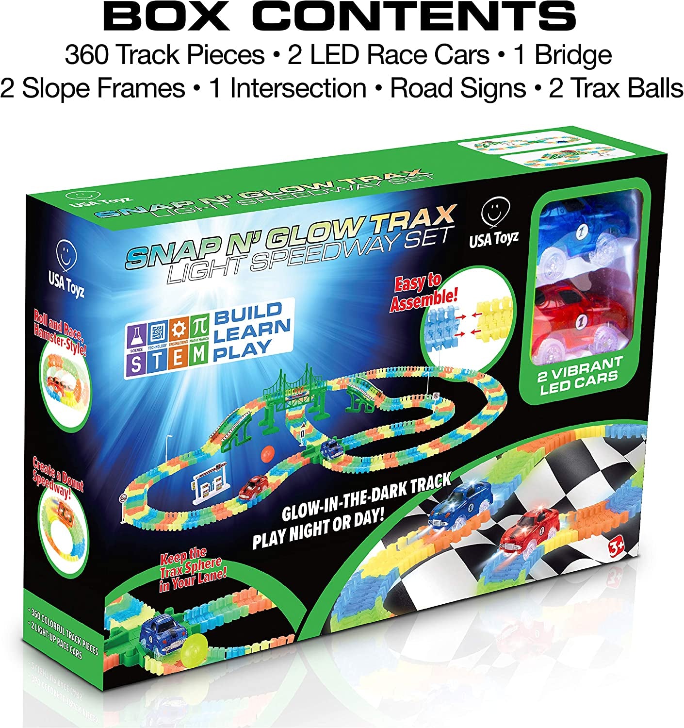 Glow Race Tracks and LED Toy Cars - 360Pk Glow in the Dark Bendable Rainbow Race Track Set STEM Building Toys for Boys and Girls with 2 Light up Toy Cars