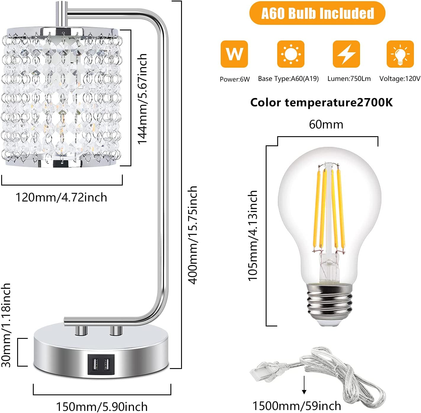 FAGUANGAO Crystal Touch Control Table Lamp,With Dual USB Charging Ports,3 Way Dimmable Set of 2 Silver Bedside Nightstand Lamp Industrial Desk Lamps E26 Base for Bedroom Living Room,Led Bulbs Included