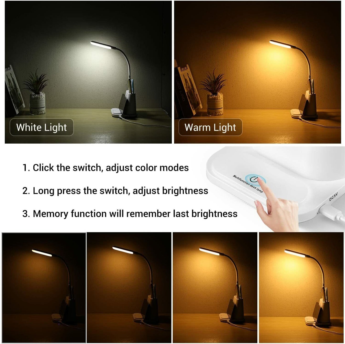 LED Desk Light Rechargeable Bedside Reading Lamp Dimmable Table Touch Control US