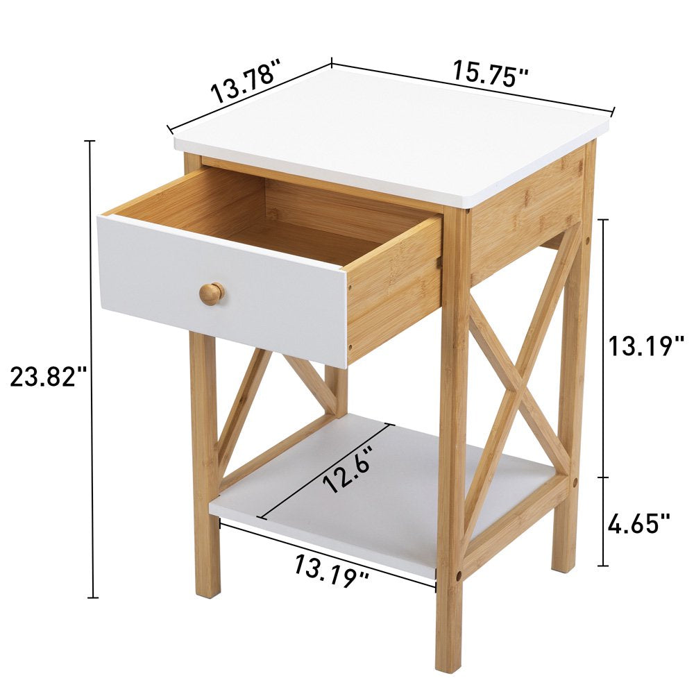 Nightstand with Drawer, End Table with Storage Shelf, Modern Side Sofa Table, Accent Bedside Table with X-Shape Frame for Living Room/Bedroom, White & Natural