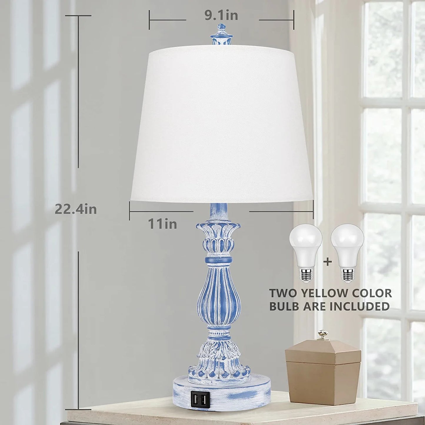 Coastal 3 Way Dimmable Touch Table Lamp for Bedrooms Set of 2 Farmhouse Bedside Lamp for Living Rooms Blue Washed Nightstand Lamp with 2 USB Charging Ports,2 Bulbs Included