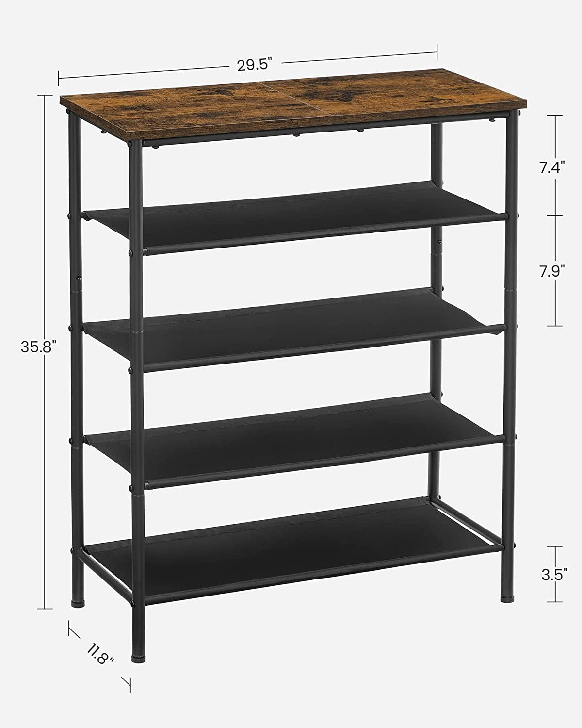 Shoe Rack 5 Tier, Narrow Shoe Organizer for Closet Entryway, with 4 Fabric Shelves and Top for Bags, Shoe Shelf, Steel Frame, Industrial, Rustic Brown and Black ULBS036B01