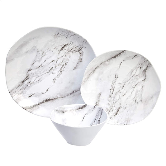 Melamine Dinnerware Set, Service for 4, White Marble - Set of 12