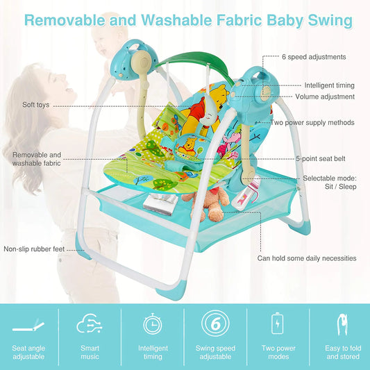 Baby Swings for Infants, Baby Essentials with Music,Sounds,Timing Function, Baby Swing for Newborn with 6 Motions, Baby Rocker with 2 Toys,Plsuh Seat & Soft Head Support,Machine Washable Fabric(Blue)