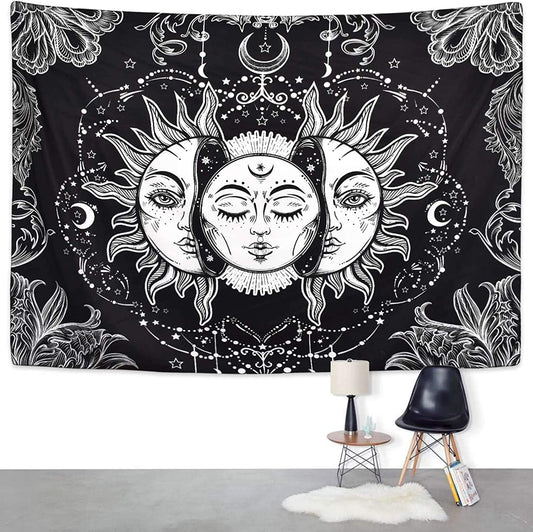 Sun and Moon Tapestry, Black and White Tapestries Mystic Burning Sun with Star Wall Hanging Decor for Bedroom (59" W X 51" L)
