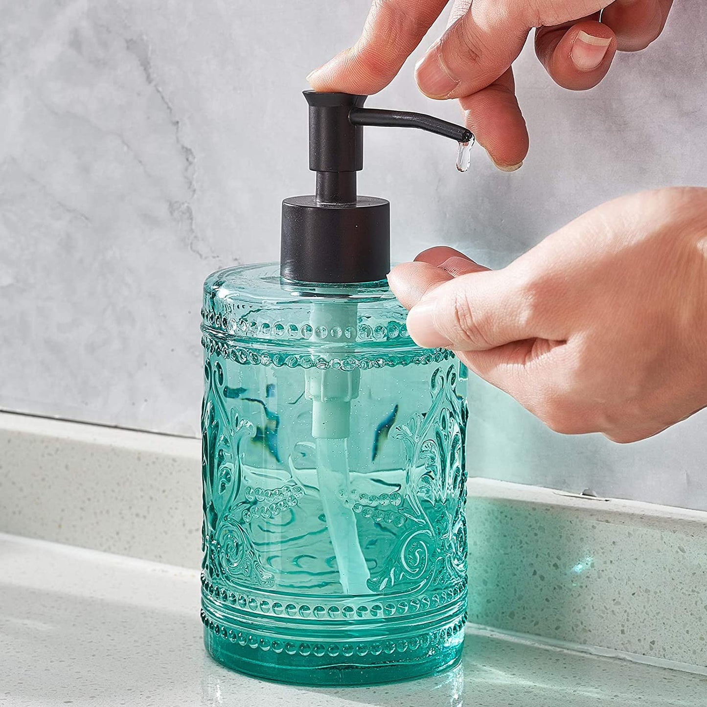 4Pcs Heavy Weight Decent Blue Glass Bathroom Accessories Set with Decorative Pressed Pattern - Includes Hand Soap Dispenser & Tumbler & Soap Dish & Toothbrush Holder (Teal Blue)