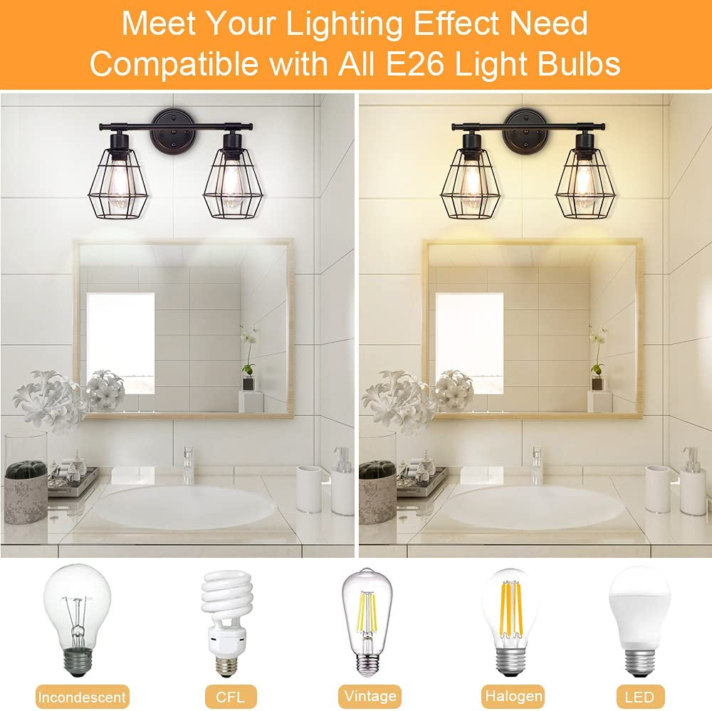 2-Light Industrial Bathroom Vanity Light, Farmhouse Metal Cage Wall Sconces, Rustic Matte Black Wall Mount Light Fixtures, Porch Wall Lamps for Living Room, Mirror Cabinets, Bedroom, E26 Base